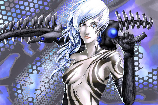 Обои картинки фото фэнтези, роботы,  киборги,  механизмы, девушка, меч, робот, киборг, трещины