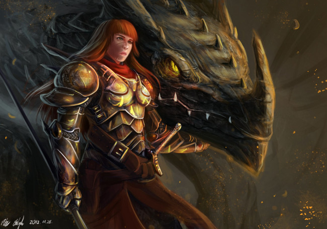 Обои картинки фото фэнтези, красавицы и чудовища, дракон, воительница, девушка