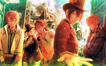 обоя аниме, code realize, impey, barbicane, перчатки, victor, frankenstein, arsene, lupin, abraham, van, helsing, шестеренки, костюм, шляпа, парни, saint, germain, visual, novel, дома, наушники, очки, miko, code, realize, art