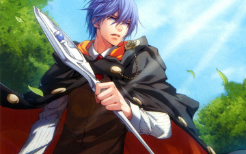 Картинка аниме wand+of+fortune art kagerou usuba wand of fortune visual novel julius fortner жезл фортуны голубые глаза посох магия небо листва плащ