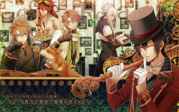 обоя аниме, code realize, code, realize, miko, art, жест, картины, очки, перчатки, цилиндр, книга, собака, парни, visual, novel