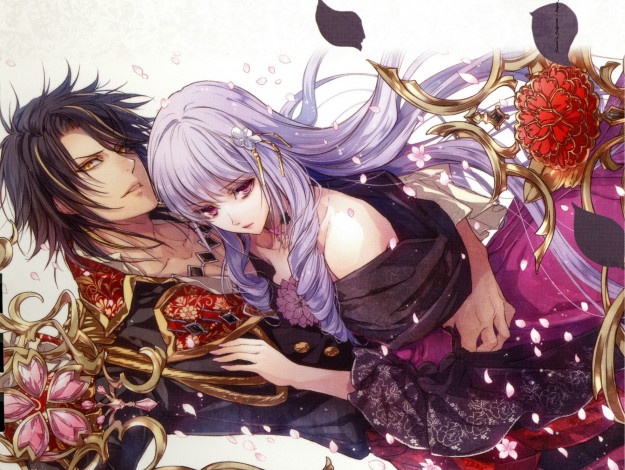 Обои картинки фото аниме, wand of fortune, art, kagerou, usuba, reine, des, fleurs, visual, novel, leon, violette, королева, цветов, двое, цветы, лепестки