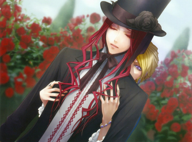 Обои картинки фото аниме, wand of fortune, visual, novel, gil, hanna, ellington, цилиндр, руки, кусты, розы, закрытые, глаза