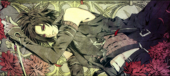 Обои картинки фото аниме, wand of fortune, art, kagerou, usuba, wand, of, fortune, visual, novel, alvaro, garay, жезл, фортуны, красные, глаза, кинжал, перчатки, цветы