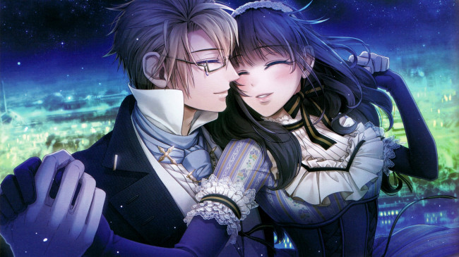 Обои картинки фото аниме, code realize, ночь, костюм, cardia, beckford, очки, танец, свидиние, abraham, van, helsing, visual, novel, улыбка, code, realize, перчатки, корсет, miko, art
