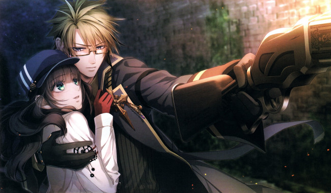 Обои картинки фото аниме, code realize, art, miko, code, realize, visual, novel, стена, очки, перчатки, костюм, испуг, ружье, ночь, cardia, beckford, abraham, van, helsing
