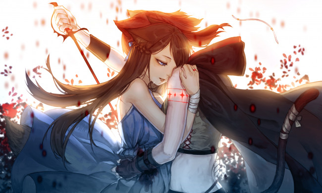 Обои картинки фото аниме, животные,  существа, девушки