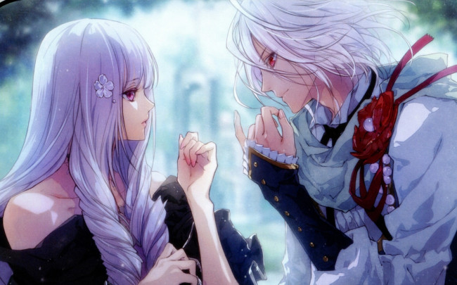 Обои картинки фото аниме, wand of fortune, art, kagerou, usuba, reine, des, fleurs, visual, novel, violette, orpheus, взгляд, руки, двое, красные, глаза