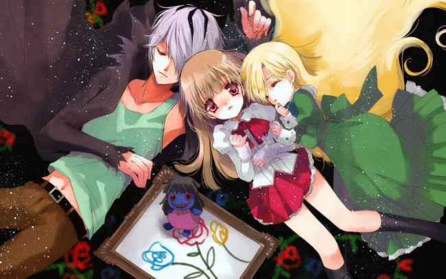 Обои картинки фото аниме, ib, кукла, бант, трое, парень, закрытые, глаза, картина, платье, garry, mary, game