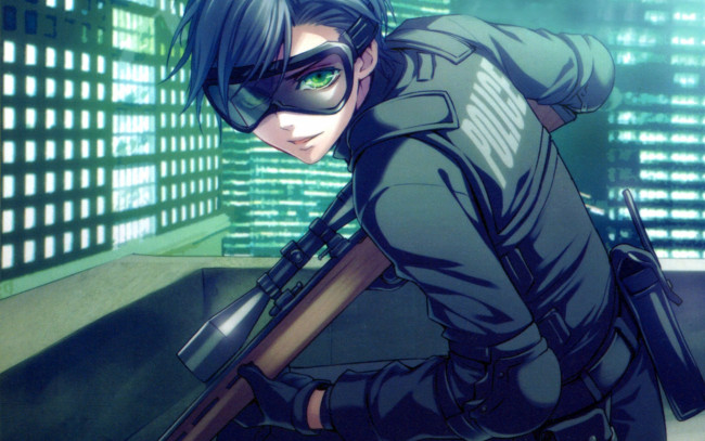 Обои картинки фото аниме, wand of fortune, art, kagerou, usuba, wand, of, fortune, visual, novel, est, rinaudo, жезл, фортуны, бронежилет, очки, винтовка, прицел, рация