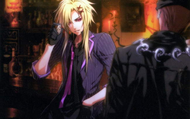 Обои картинки фото аниме, wand of fortune, art, kagerou, usuba, wand, of, fortune, жезл, фортуны, alvaro, garay, красные, глаза, галстук, перчатки, свечи, бар, бутытки
