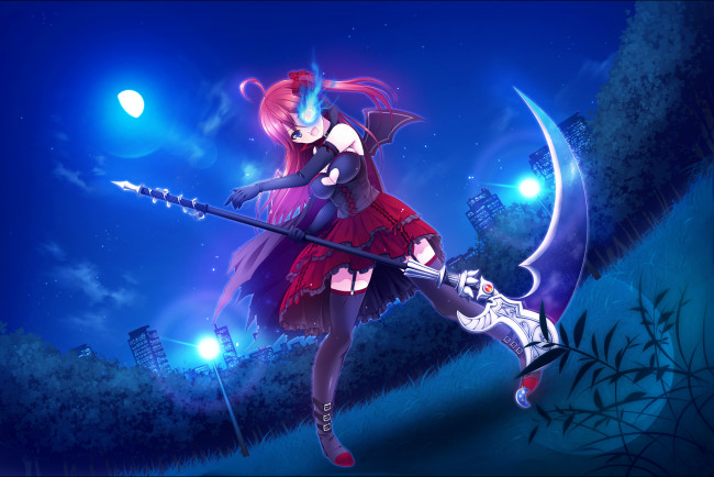 Обои картинки фото аниме, оружие,  техника,  технологии, коса, девочка, ночь