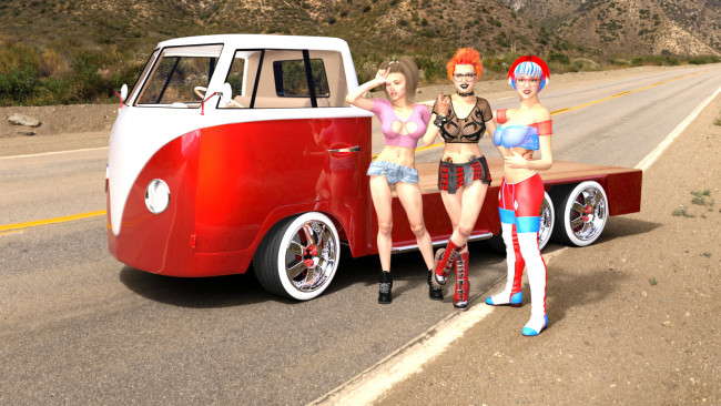 Обои картинки фото 3д графика, люди-авто, мото , people- car ,  moto, девушки, фон, взгляд