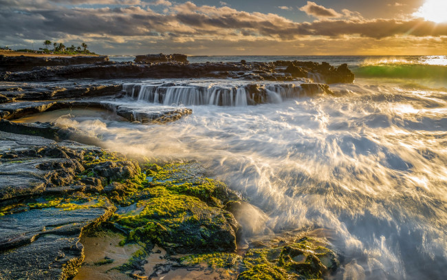 Обои картинки фото природа, восходы, закаты, мох, волны, гавайи, океан