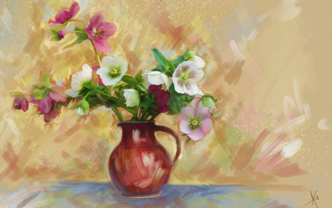 Обои картинки фото рисованное, цветы, кувшин, ваза, картина, нежно, букет, фон, рисованные, живопись, рисунок, цифровая, имитация, акварели, нарисованные, анемоны, мазки, лепестки