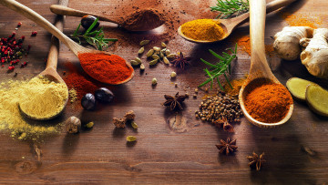 Картинка еда крупы +зерно +специи +семечки розмарин орех мускатный имбирь карри