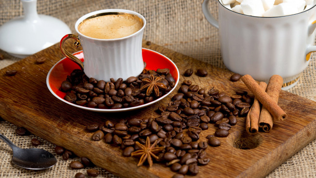 Обои картинки фото еда, кофе,  кофейные зёрна, анис, зерна, корица