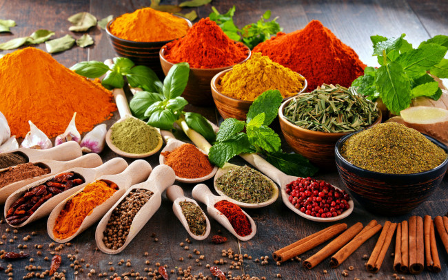 Обои картинки фото еда, крупы,  зерно,  специи,  семечки, перец, мята, базилик, корица, карри, приправы