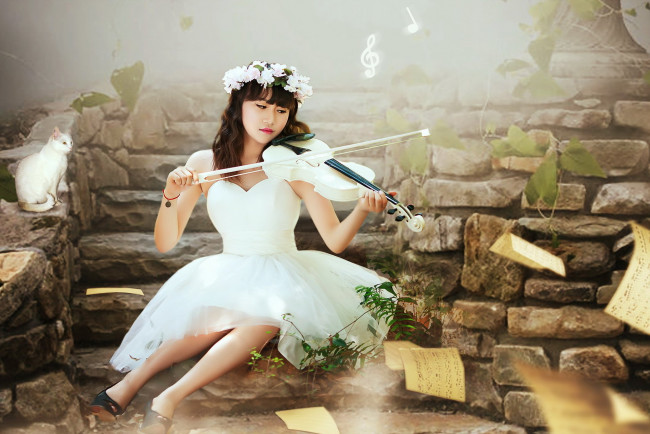 Обои картинки фото музыка, -другое, девушка, кошка, венок, скрипка, ноты