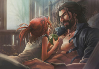 Картинка рисованное люди разговор гамак яблоко девочка мужчина