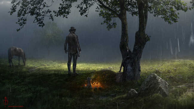 Обои картинки фото фэнтези, люди, дерево, костер, поляна, лошадь, дождь, человек
