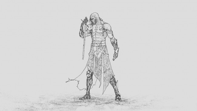 Обои картинки фото рисованное, комиксы, скетч, меч, киборг