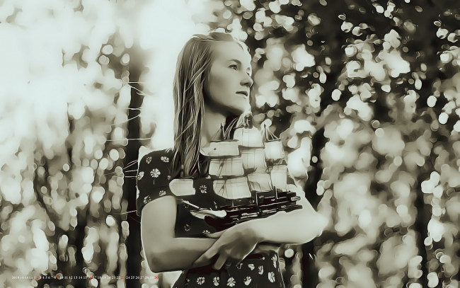 Обои картинки фото календари, компьютерный дизайн, calendar, женщина, парусник, 2019, сувенир, девушка