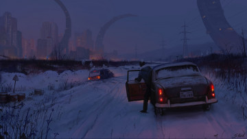 Картинка фэнтези существа дорога сумерки машины человек город