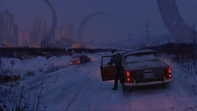 Обои картинки фото фэнтези, существа, дорога, сумерки, машины, человек, город