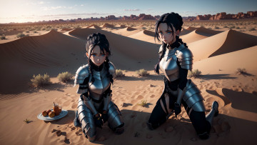 Картинка аниме пейзажи +природа нейросети графика нейроарт ai art нейронные сети рисунки нейро искусство девушки воины в пустыне