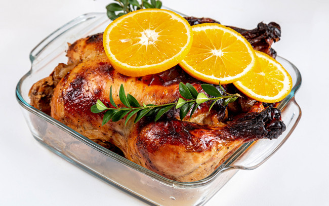 Обои картинки фото еда, мясные блюда, запеченная, курица, апельсины