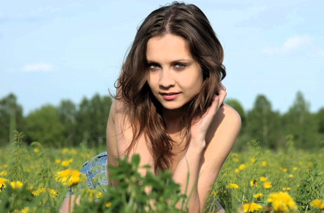 Обои картинки фото девушки, - брюнетки,  шатенки, шатенка, шорты, луг, трава, цветы