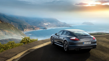 Картинка porsche panamera turbo автомобили горы море синий пейзаж