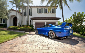 Картинка toyota supra автомобили синий тюнинг пальмы дом