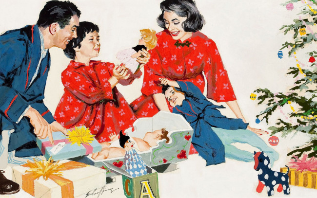 Обои картинки фото рисованные, люди, подарки, елка, родители, дети