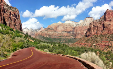 Картинка zion national park utah природа дороги горы кручи лес облака шоссе