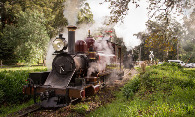 Обои картинки фото техника, паровозы, вагоны, паровоз, рельсы, дорога, железная