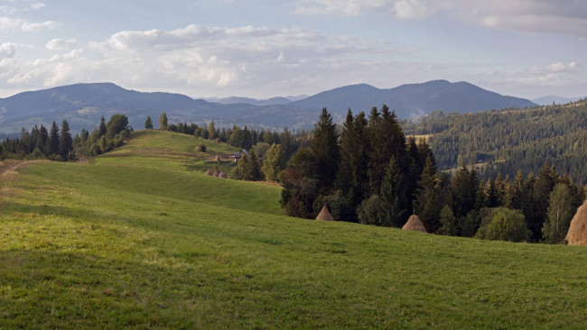 Обои картинки фото природа, горы, небо, облака, долина, деревья, сено