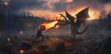 Картинка фэнтези драконы кости огонь змей горыныч богатырь камни бой