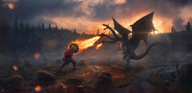 Обои картинки фото фэнтези, драконы, кости, огонь, змей, горыныч, богатырь, камни, бой