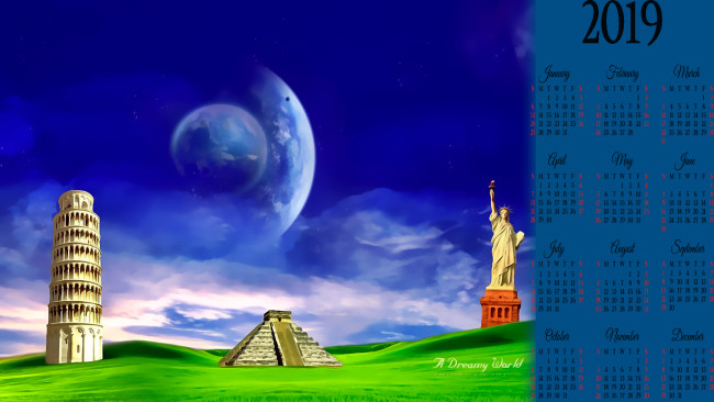 Обои картинки фото календари, фэнтези, статуя, 2019, пирамида, планета, calendar
