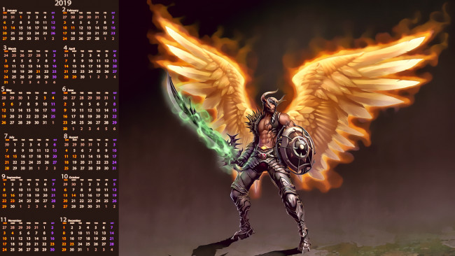 Обои картинки фото календари, фэнтези, воин, шлем, оружие, крылья, 2019, calendar