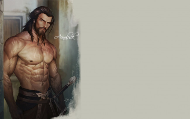 Обои картинки фото рисованное, aenaluck, мужчина, воин, бородка, шрамы, оружие