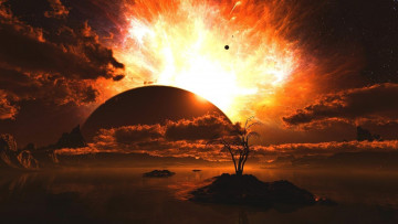 Картинка разное компьютерный+дизайн остров дерево озеро планеты тучи закат