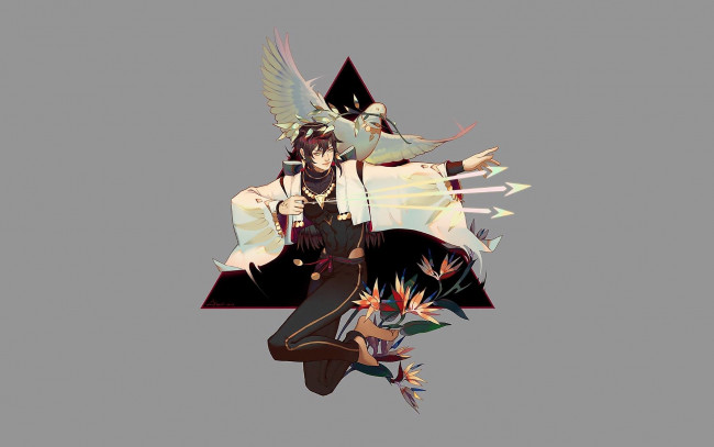 Обои картинки фото фэнтези, маги,  волшебники, стрелец, парень, стрелы, цветы, голубь, треугольник