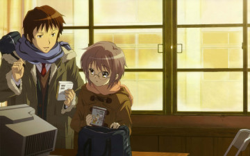 Картинка аниме the melancholy of haruhi suzumiya окно парень девушка