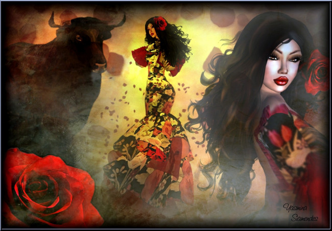 Обои картинки фото 3д, графика, people, люди, брюнетка, роза, бык, девушка
