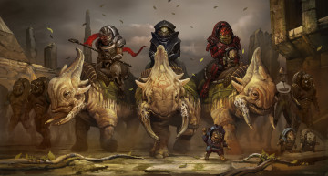 Картинка фэнтези существа инопланетяне динозавры всадники