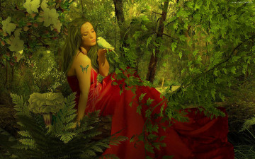 Картинка фэнтези девушки птичка лес