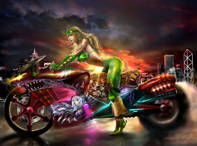 Обои картинки фото фэнтези, девушки, мотоцикл